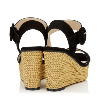 Shop Jimmy Choo Abigail 100 Black Suede Chunky Wedge Sandals With Gold Rope In Black/gold