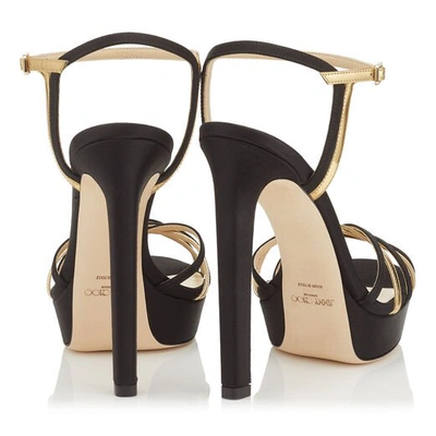 Shop Jimmy Choo Lilah 130 Black Satin And Gold Mirror Leather Sandal In Black/gold