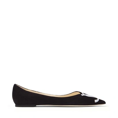 Shop Jimmy Choo Love Flat/jc Black Suede Flat Pumps With White Patent Jc Emblem In Black/white