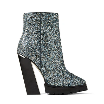 Shop Jimmy Choo Madra 130 Electric Blue Party Coarse Glitter Fabric Platform Ankle Boots In Electric Blue Mix