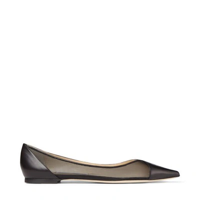 Shop Jimmy Choo Saia Flat Black Leather And Mesh Pointed Toe Flats In Black/black