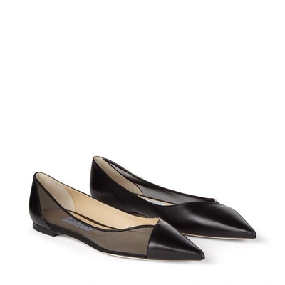 Shop Jimmy Choo Saia Flat Black Leather And Mesh Pointed Toe Flats In Black/black