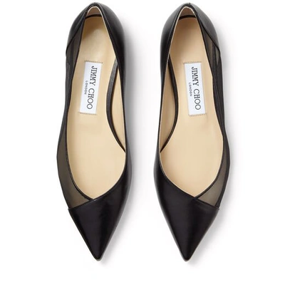 Shop Jimmy Choo Saia Flat Black Leather And Mesh Pointed Toe Flats In Black/black