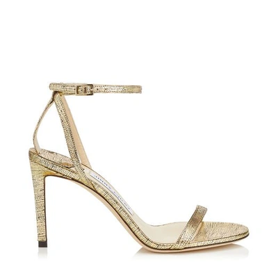 Shop Jimmy Choo Minny 85 Gold Metallic Lizard Nappa Print Leather Sandals