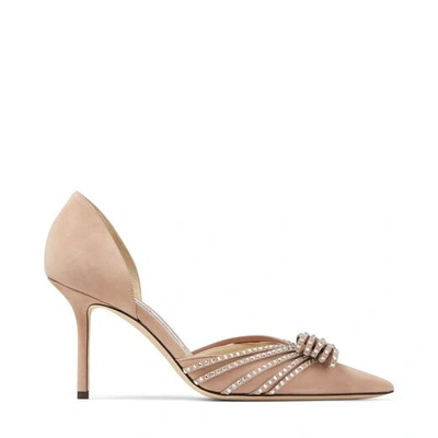 Shop Jimmy Choo Kaitence 85 Ballet-pink And Silver Suede Pumps With Crystal-embellished Bow In Ballet Pink/silver Shade