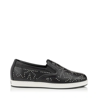 Shop Jimmy Choo Gracy Black And Silver Leather Slip On Flat With Stars In Black/silver