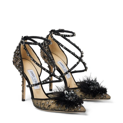 Jimmy Choo Odette 100 Black Lace Wraparound Heels With Feather And Crystal Embellishment In Black Mix