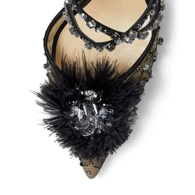 Jimmy Choo Odette 100 Black Lace Wraparound Heels With Feather And Crystal Embellishment In Black Mix
