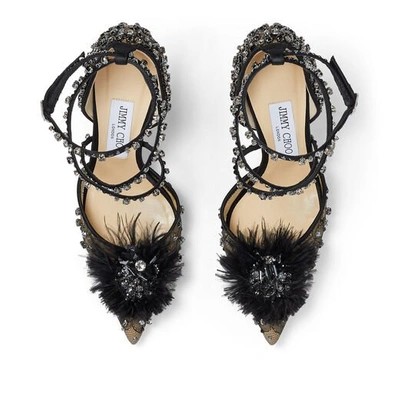 Shop Jimmy Choo Odette 100 Black Lace Wraparound Heels With Feather And Crystal Embellishment In Black Mix