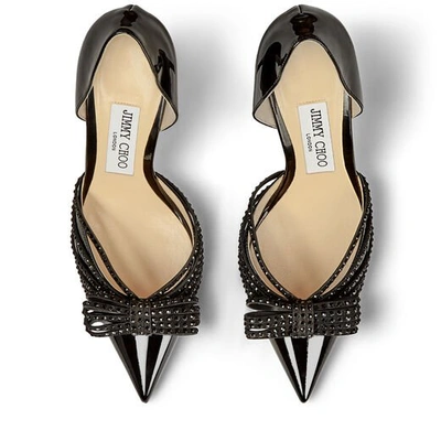 Shop Jimmy Choo Kaitence 85 Black Patent And Suede Point-toe Pumps With Crystal-embellished Bow In Black/black