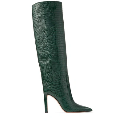 Shop Jimmy Choo Mavis 100 Dark Green Croc Embossed Leather Knee High Boots