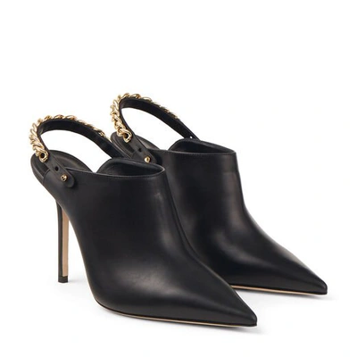 Shop Jimmy Choo Lexx 100 Black Calf Leather Mules With Vachetta And Chain Strap In Black/gold