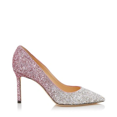 ROMY 85 Platinum and Flamingo Ice Glitter Dégradé Fabric Pointy Toe Pumps