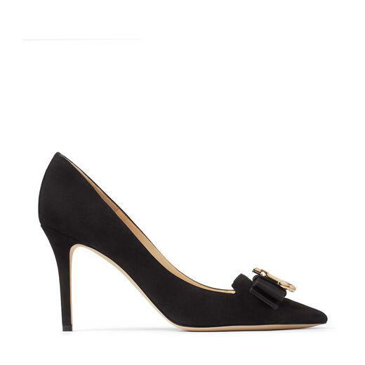 Jimmy Choo Ari 85/jc Black Suede Pointed Toe Pumps With Jc Logo And  Grosgrain Bow | ModeSens