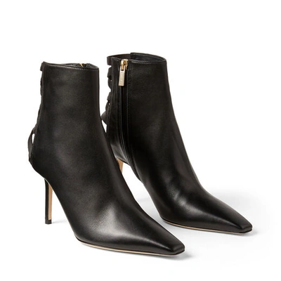 Shop Jimmy Choo Levin 85 Black Leather Point-toe Ankle Boots With Lace-up Ribbon Back In Black/black