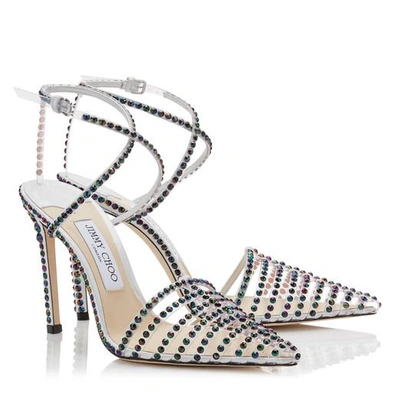 Shop Jimmy Choo Tamai 100 Clear Plexi Heels With Horizontal Straps And Petrol Hotfix Crystals In Clear/petrol