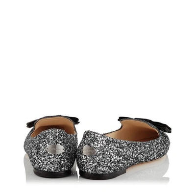 Shop Jimmy Choo Gala Gunmetal Mix Star Coarse Glitter Fabric Pointy Toe Flats With Bow Detail