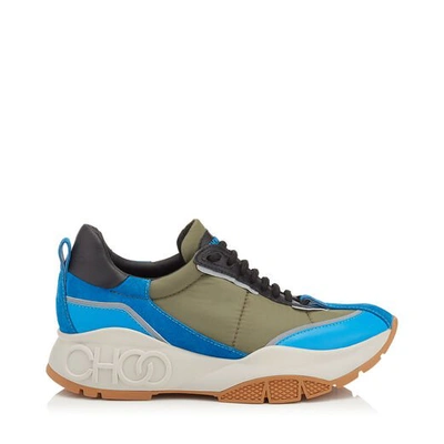 Shop Jimmy Choo Raine Sky Mix Leather And Fabric Lace Up Sneakers