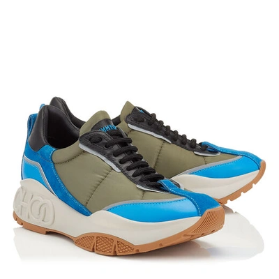 Shop Jimmy Choo Raine Sky Mix Leather And Fabric Lace Up Sneakers