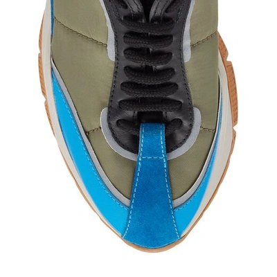 Shop Jimmy Choo Raine Sky Mix Leather And Fabric Lace Up Sneakers