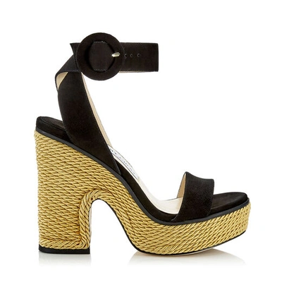 Shop Jimmy Choo Aimee 125 Black Suede And Gold Rope Wedge In Black/gold