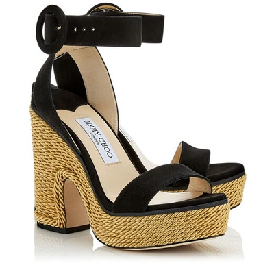 Shop Jimmy Choo Aimee 125 Black Suede And Gold Rope Wedge In Black/gold