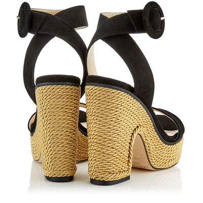 Shop Jimmy Choo Aimee 125 Black Suede And Gold Rope Wedge In Black/gold