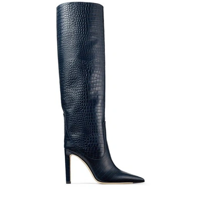 Shop Jimmy Choo Mavis 100 Navy Croc Embossed Leather Knee High Boots