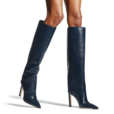 Shop Jimmy Choo Mavis 100 Navy Croc Embossed Leather Knee High Boots