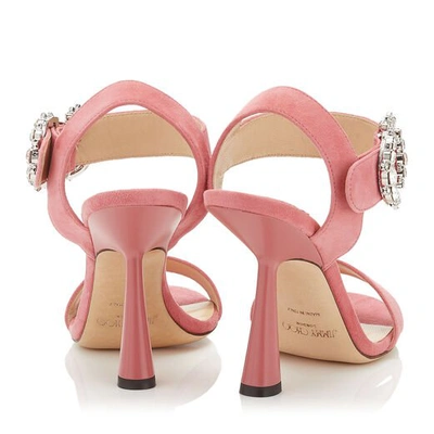 Shop Jimmy Choo Sereno 100 Candyfloss Suede Sandals With Jewelled Buckle