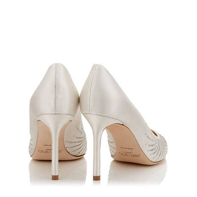 ROMY 85 Ivory Satin Pointy Toe Pumps with Shooting Crystals