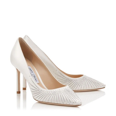 Shop Jimmy Choo Romy 85 Ivory Satin Pointy Toe Pumps With Shooting Crystals In Ivory/crystal