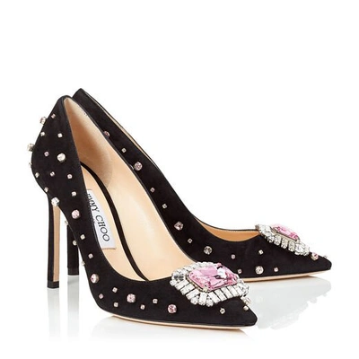 Shop Jimmy Choo Romy 100 Black Suede Pointy Toe Pump With Scattered Candyfloss Crystals In Black/candyfloss
