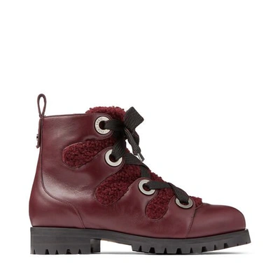 Shop Jimmy Choo Bei Flat Bordeaux Smooth Leather Ankle Boots With Shearling Lining And Metal Eyelets In Bordeaux/bordeaux