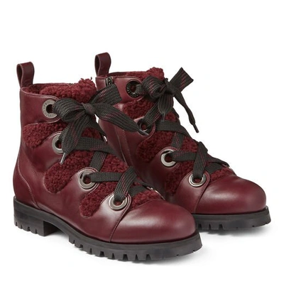 Shop Jimmy Choo Bei Flat Bordeaux Smooth Leather Ankle Boots With Shearling Lining And Metal Eyelets In Bordeaux/bordeaux