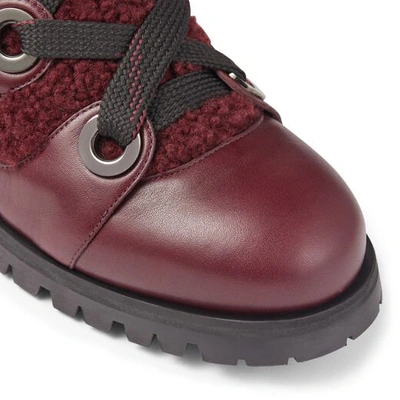 Shop Jimmy Choo Bei Flat Bordeaux Smooth Leather Ankle Boots With Shearling Lining And Metal Eyelets In Bordeaux/bordeaux