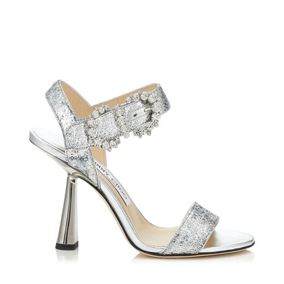 Shop Jimmy Choo Sereno 100 Silver Galactica Glitter Fabric Sandals With Jewelled Buckle