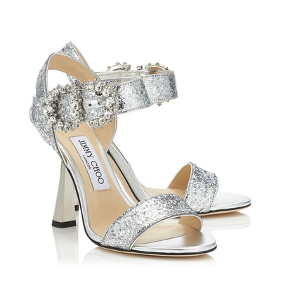 Shop Jimmy Choo Sereno 100 Silver Galactica Glitter Fabric Sandals With Jewelled Buckle