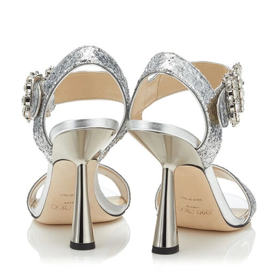 Shop Jimmy Choo Sereno 100 Silver Galactica Glitter Fabric Sandals With Jewelled Buckle