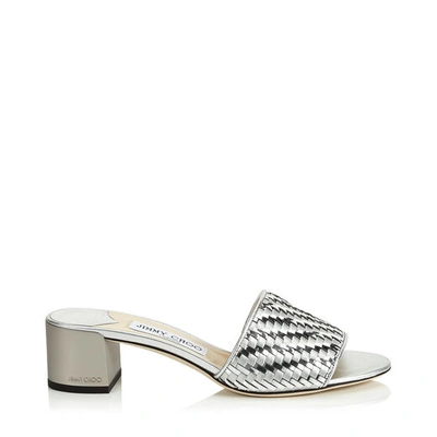 Shop Jimmy Choo Joni 40 Silver Woven Metallic Fabric Slides