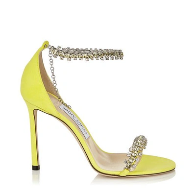 Shop Jimmy Choo Shiloh 100 Fluorescent Yellow Suede Open Toe Sandal With Jewel Trim In Fluo Yellow