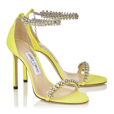 Shop Jimmy Choo Shiloh 100 Fluorescent Yellow Suede Open Toe Sandal With Jewel Trim In Fluo Yellow