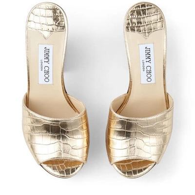 Shop Jimmy Choo Deedee 125 Light Gold Metallic Croc-embossed Leather Wedge Sandals