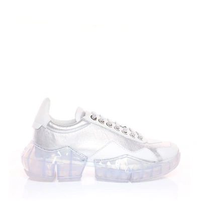 DIAMOND/F Silver Metallic Leather and White Calf Leather Low Top Trainers