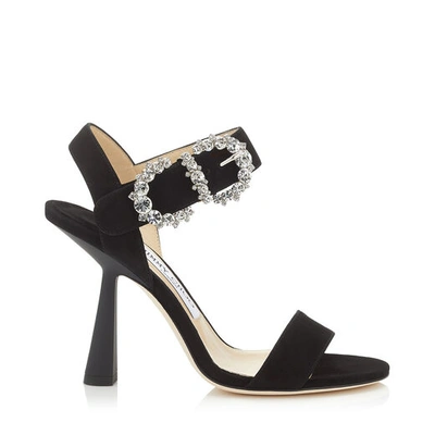 Shop Jimmy Choo Sereno 100 Black Suede Sandal With Jewelled Buckle
