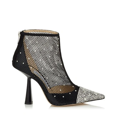 Shop Jimmy Choo Kix 100 Black Suede Pointed Toe Bootie With Mesh And Crystal Hotfix In Black/crystal