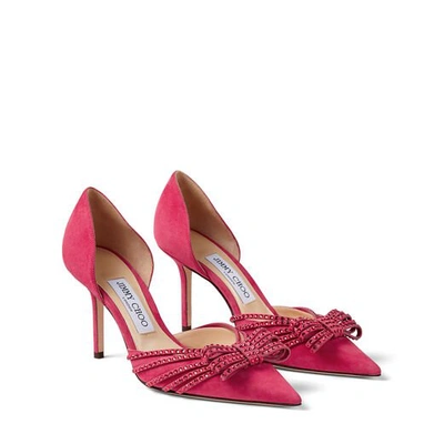 Shop Jimmy Choo Kaitence 85 Bubblegum-pink And Scarlet Red Suede Point-toe Pumps With Crystal-embellished Bow In Bubble/scarlet