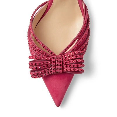 Shop Jimmy Choo Kaitence 85 Bubblegum-pink And Scarlet Red Suede Point-toe Pumps With Crystal-embellished Bow In Bubble/scarlet