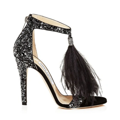 Shop Jimmy Choo Viola 110 Black Suede And Jet Mix Hotfix Sandals With Ostrich Feather Tassel In Black/jet Mix