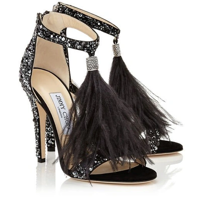 Shop Jimmy Choo Viola 110 Black Suede And Jet Mix Hotfix Sandals With Ostrich Feather Tassel In Black/jet Mix